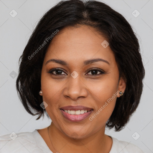 Joyful latino young-adult female with medium  brown hair and brown eyes