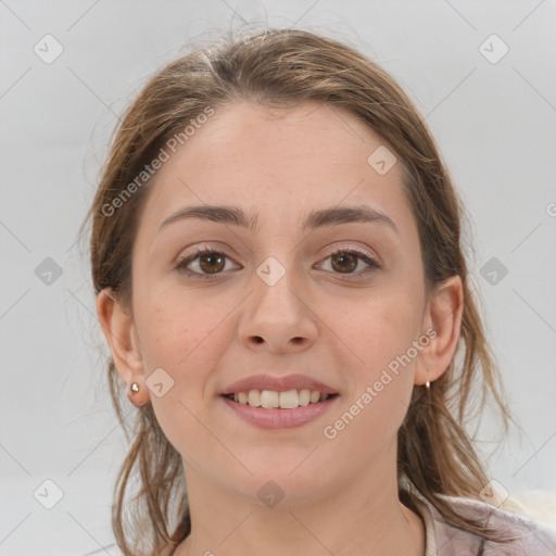 Joyful white young-adult female with medium  brown hair and grey eyes