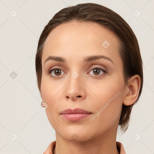 Neutral white young-adult female with short  brown hair and brown eyes