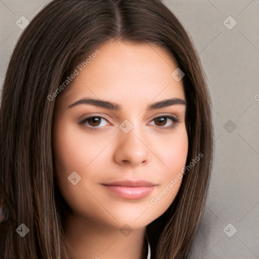 Neutral white young-adult female with long  brown hair and brown eyes