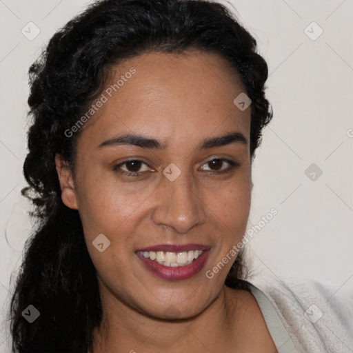 Joyful latino young-adult female with long  brown hair and brown eyes