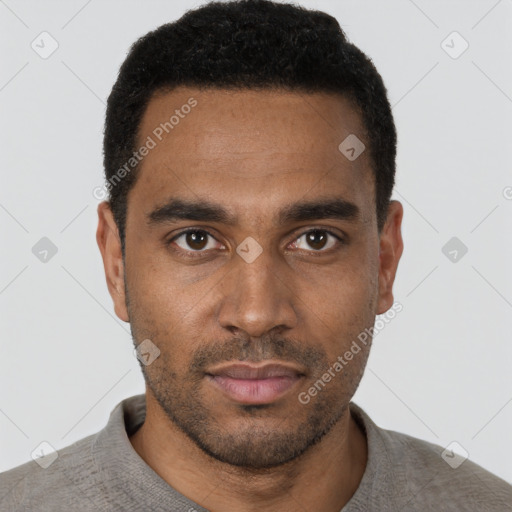 Neutral black young-adult male with short  black hair and brown eyes