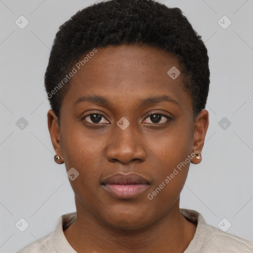 Neutral black young-adult female with short  brown hair and brown eyes