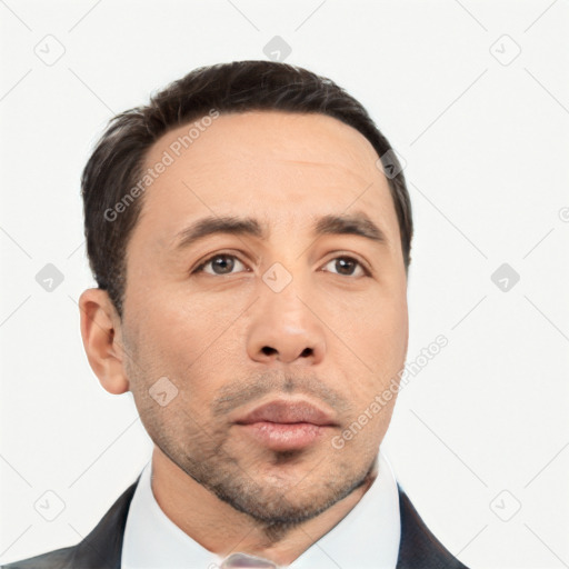 Neutral asian adult male with short  black hair and brown eyes