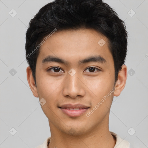 Neutral asian young-adult male with short  black hair and brown eyes