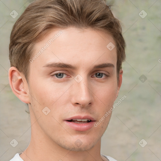 Neutral white young-adult male with short  brown hair and grey eyes