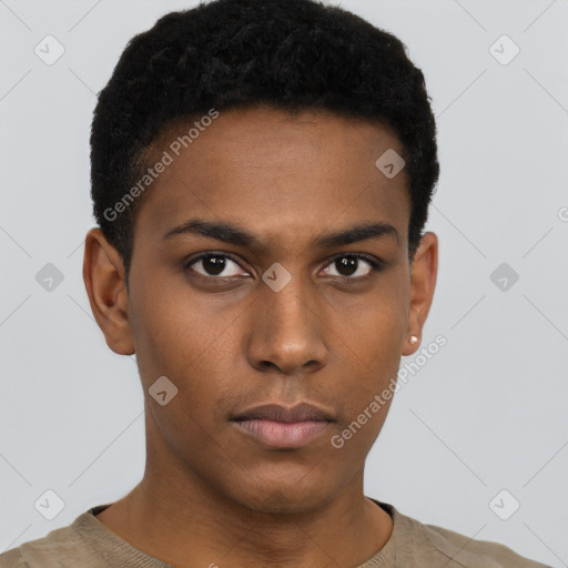 Neutral black young-adult male with short  black hair and brown eyes