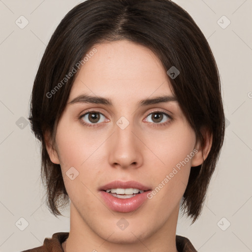 Neutral white young-adult female with medium  brown hair and brown eyes