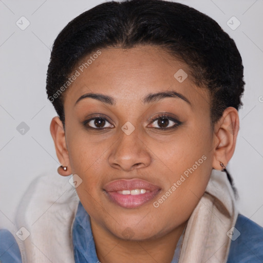 Joyful latino young-adult female with short  brown hair and brown eyes