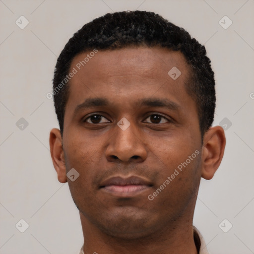 Neutral latino young-adult male with short  black hair and brown eyes