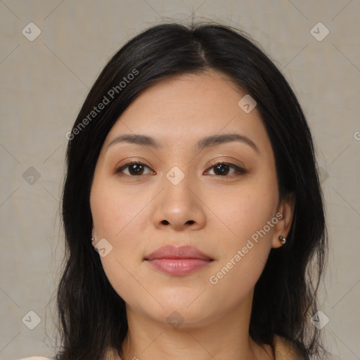 Joyful asian young-adult female with medium  black hair and brown eyes