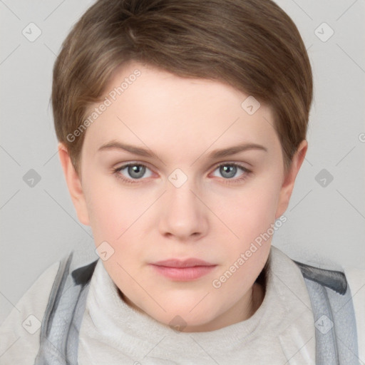 Neutral white young-adult female with short  brown hair and grey eyes