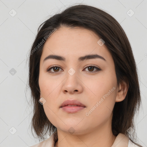 Neutral white young-adult female with medium  brown hair and brown eyes