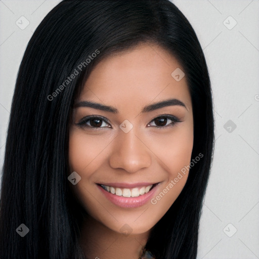 Joyful latino young-adult female with long  black hair and brown eyes