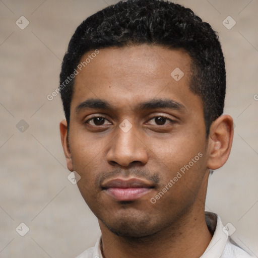 Neutral latino young-adult male with short  black hair and brown eyes