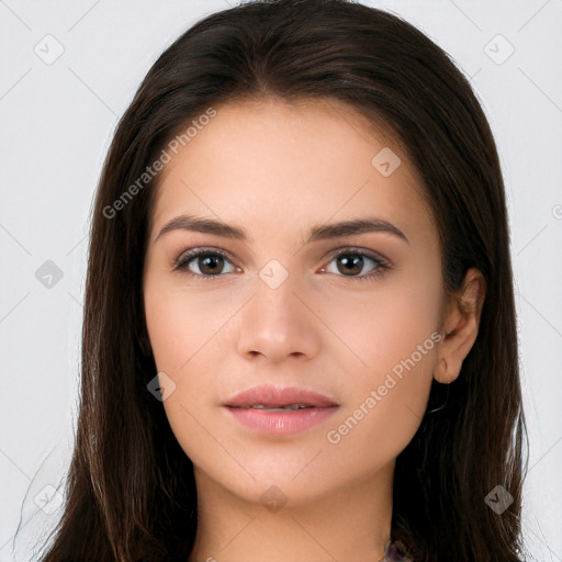 Neutral white young-adult female with long  brown hair and brown eyes