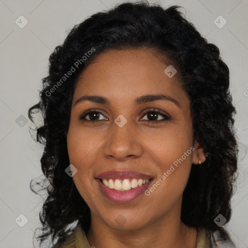 Joyful latino young-adult female with long  black hair and brown eyes