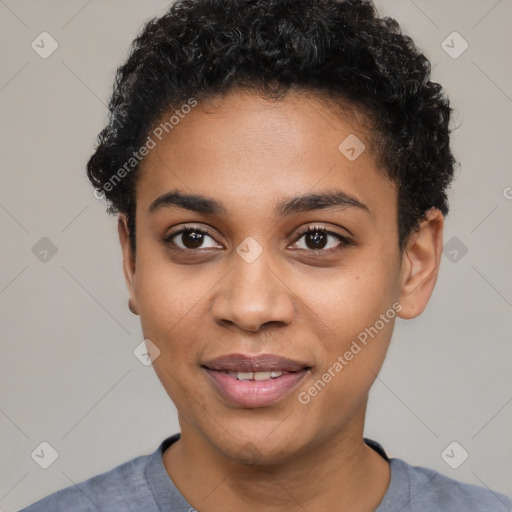 Joyful latino young-adult female with short  black hair and brown eyes