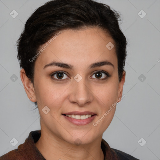 Joyful white young-adult female with medium  brown hair and brown eyes