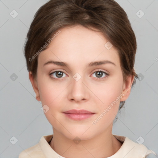 Neutral white young-adult female with medium  brown hair and brown eyes