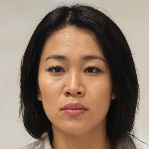 Neutral asian young-adult female with medium  brown hair and brown eyes