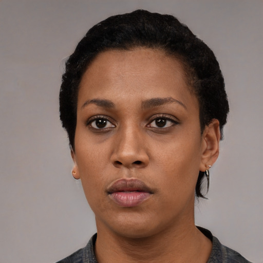 Neutral black young-adult female with short  black hair and brown eyes