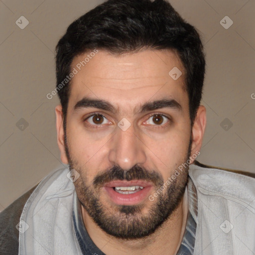 Joyful white young-adult male with short  black hair and brown eyes