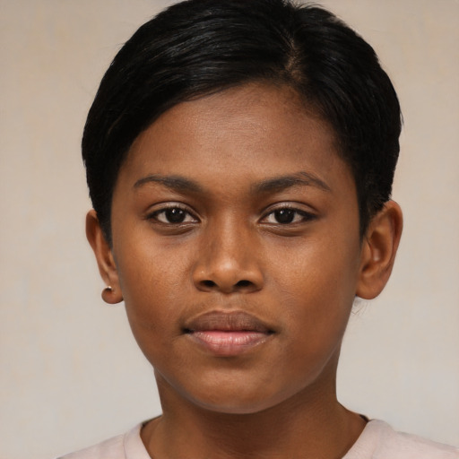 Neutral asian young-adult female with short  brown hair and brown eyes