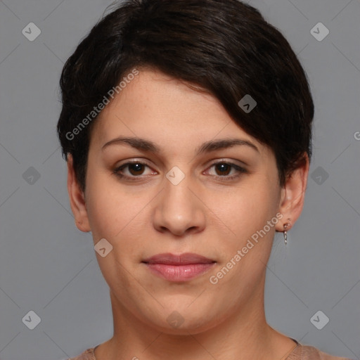 Joyful white young-adult female with short  brown hair and brown eyes