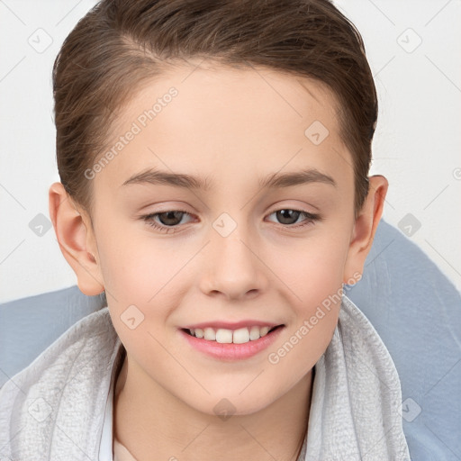 Joyful white child female with short  brown hair and brown eyes