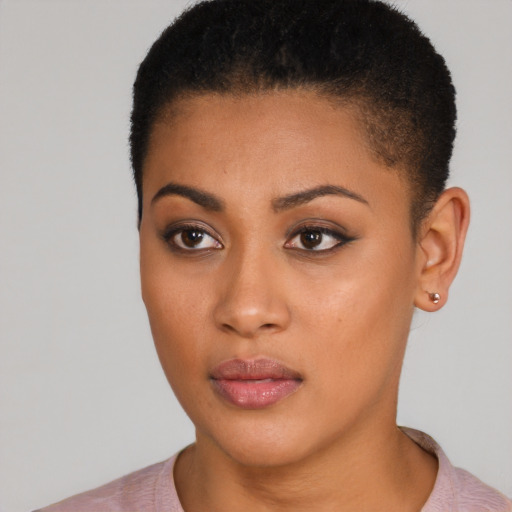 Neutral black young-adult female with short  black hair and brown eyes