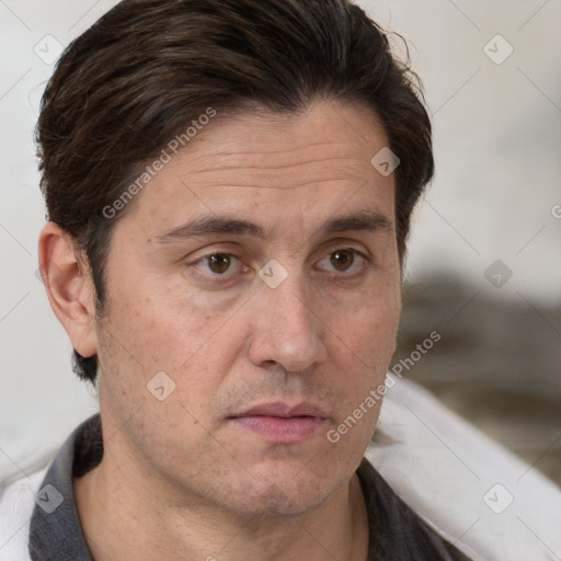 Neutral white adult male with short  brown hair and brown eyes