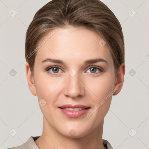 Joyful white young-adult female with short  brown hair and grey eyes