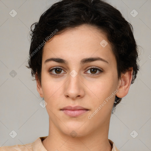 Neutral white young-adult female with short  brown hair and brown eyes