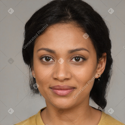 Joyful black young-adult female with medium  black hair and brown eyes