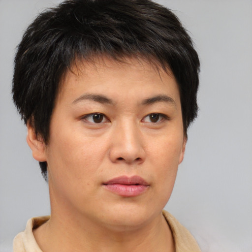 Neutral asian young-adult female with short  brown hair and brown eyes