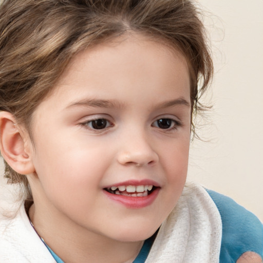 Joyful white child female with medium  brown hair and brown eyes