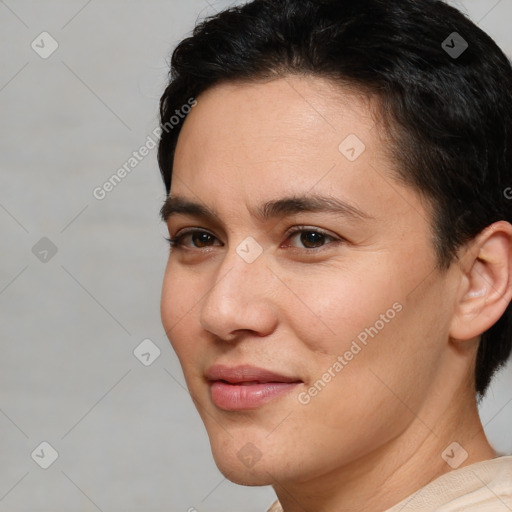 Joyful white young-adult female with short  brown hair and brown eyes