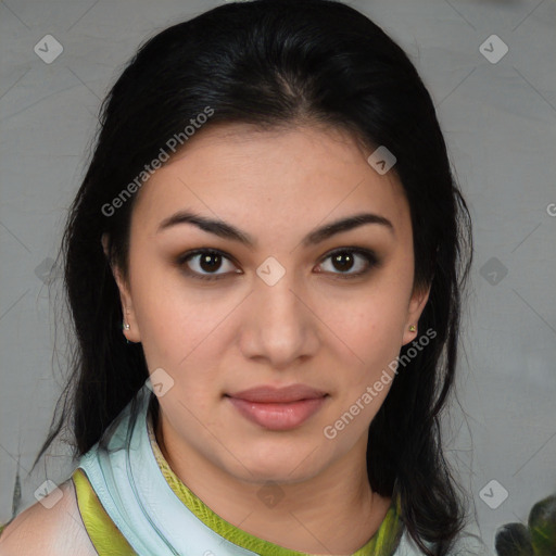 Joyful latino young-adult female with medium  brown hair and brown eyes