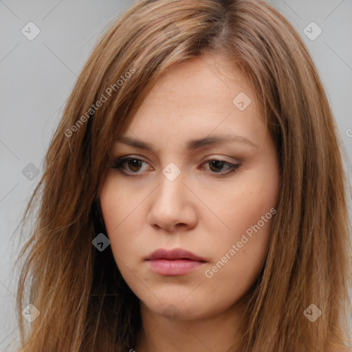 Neutral white young-adult female with long  brown hair and brown eyes