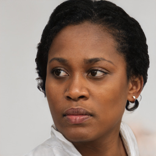 Neutral black young-adult female with short  black hair and brown eyes