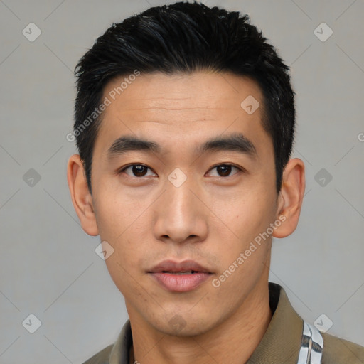 Neutral asian young-adult male with short  black hair and brown eyes