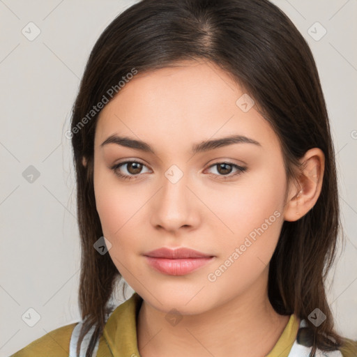 Neutral white young-adult female with medium  brown hair and brown eyes