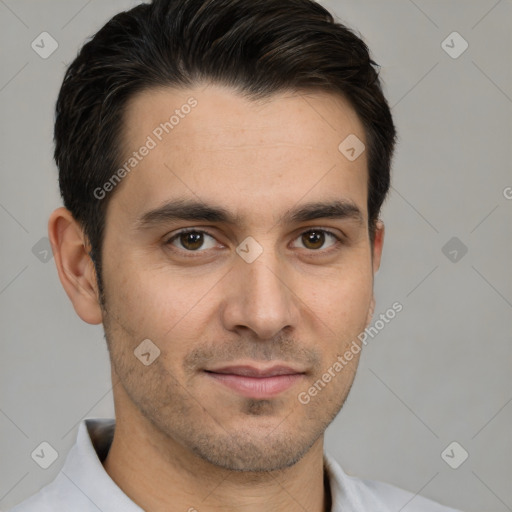 Joyful white young-adult male with short  brown hair and brown eyes