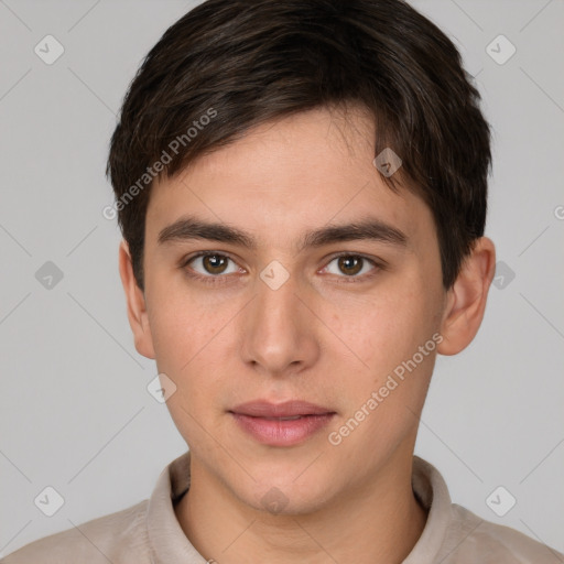 Neutral white young-adult male with short  brown hair and brown eyes