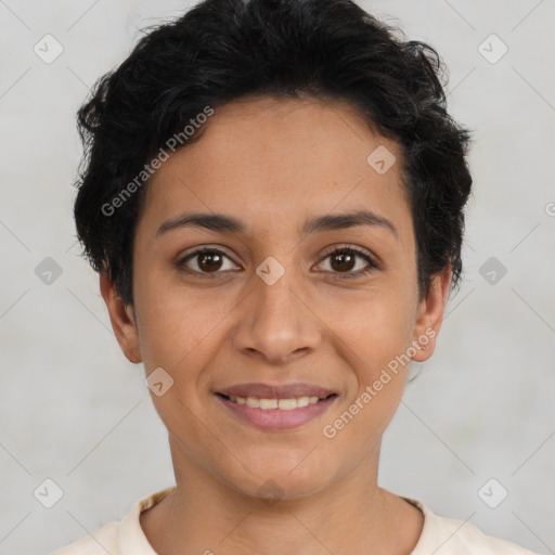 Joyful latino young-adult female with short  black hair and brown eyes