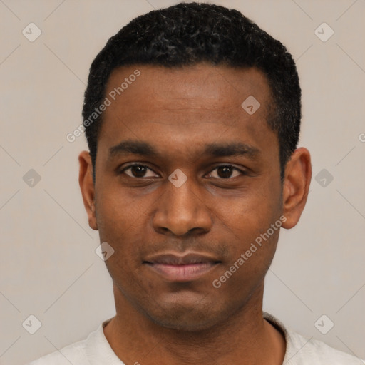 Neutral black young-adult male with short  black hair and brown eyes
