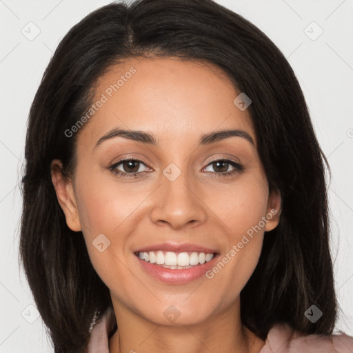 Joyful white young-adult female with long  brown hair and brown eyes