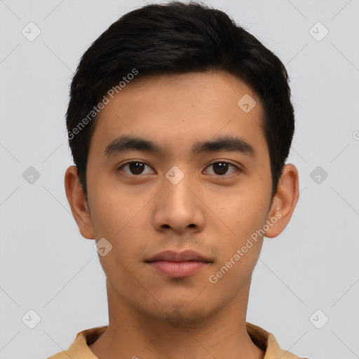 Neutral asian young-adult male with short  black hair and brown eyes