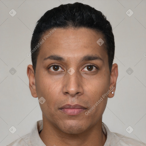 Neutral latino young-adult male with short  black hair and brown eyes